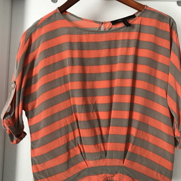 BCBGMaxAzria Orange and Grey Striped Silk Top 3/4 Sleeve (XS) - Picture 4 of 13